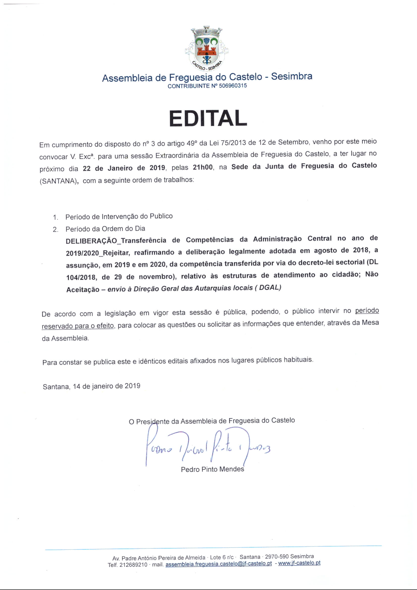 Assembleia de Freguesia do Castelo | 22 janeiro`19